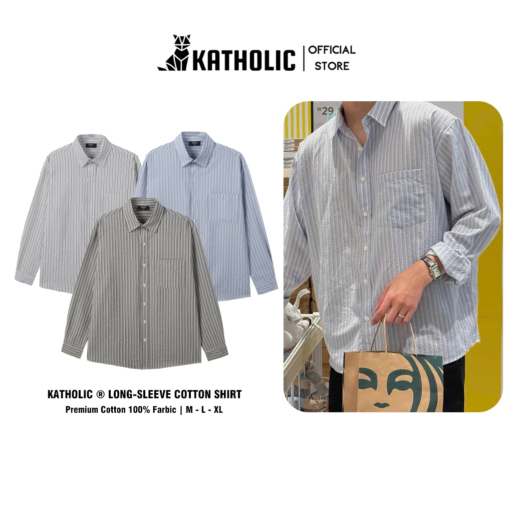 Áo Sơ Mi Kẻ Sọc Tay Dài Nam Nữ KATHOLIC Chất Liệu Cotton Xốp Form Oversized KAT050