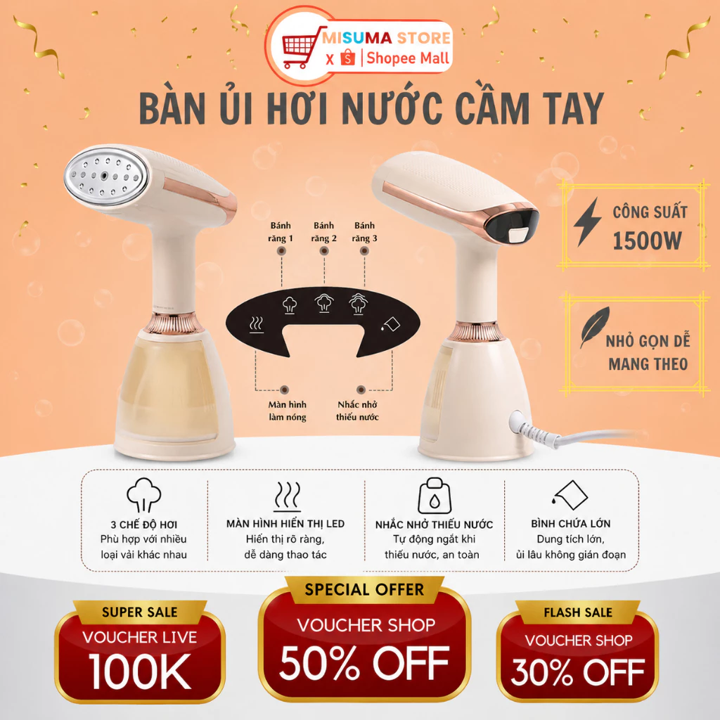 Bàn Ủi Hơi Nước Cầm Tay Cao Cấp Công Suất 1500W, Ủi Nhanh Mọi Loại Vải, Thời Gian Làm Nóng Nhanh