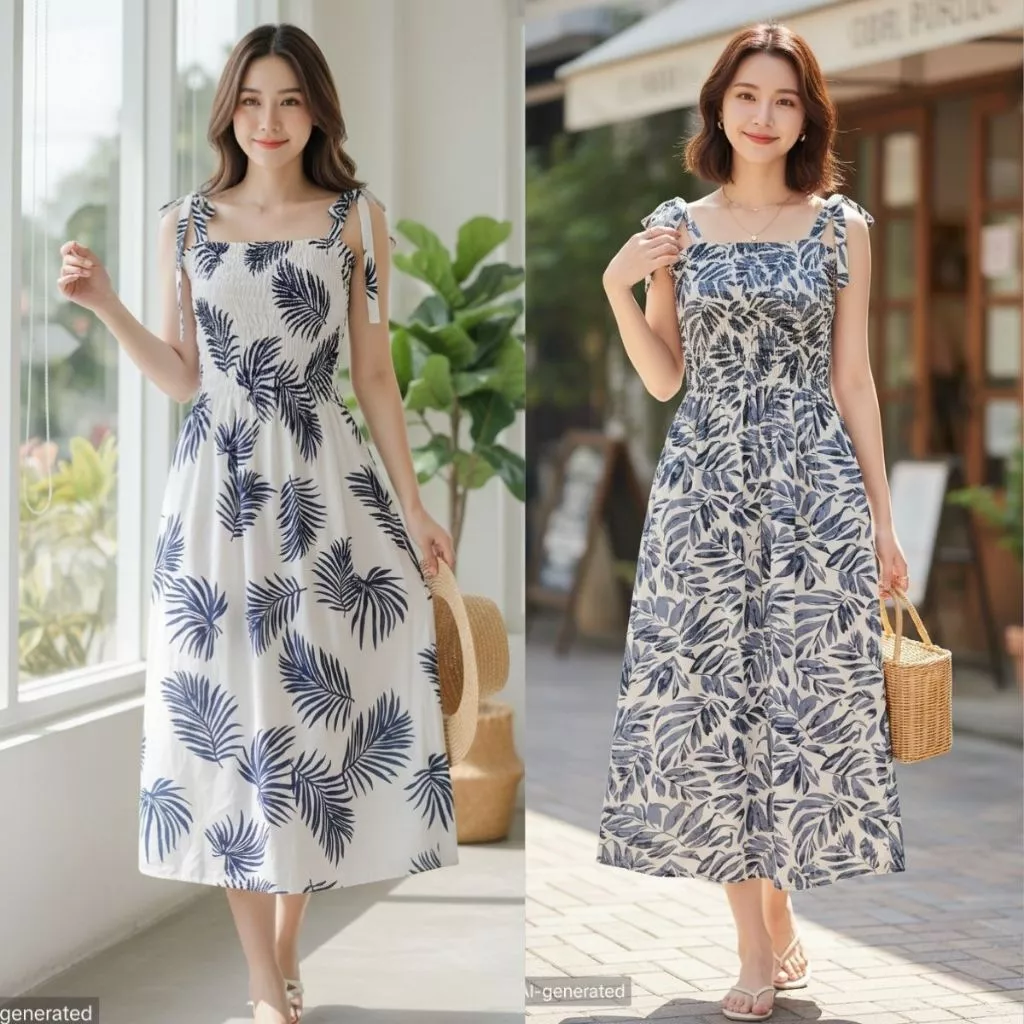 Đầm maxi đi biển hai dây bo chun, váy hoa maxi 2 dây đi biển, vải lanh( SIZE 40- 60 KG)