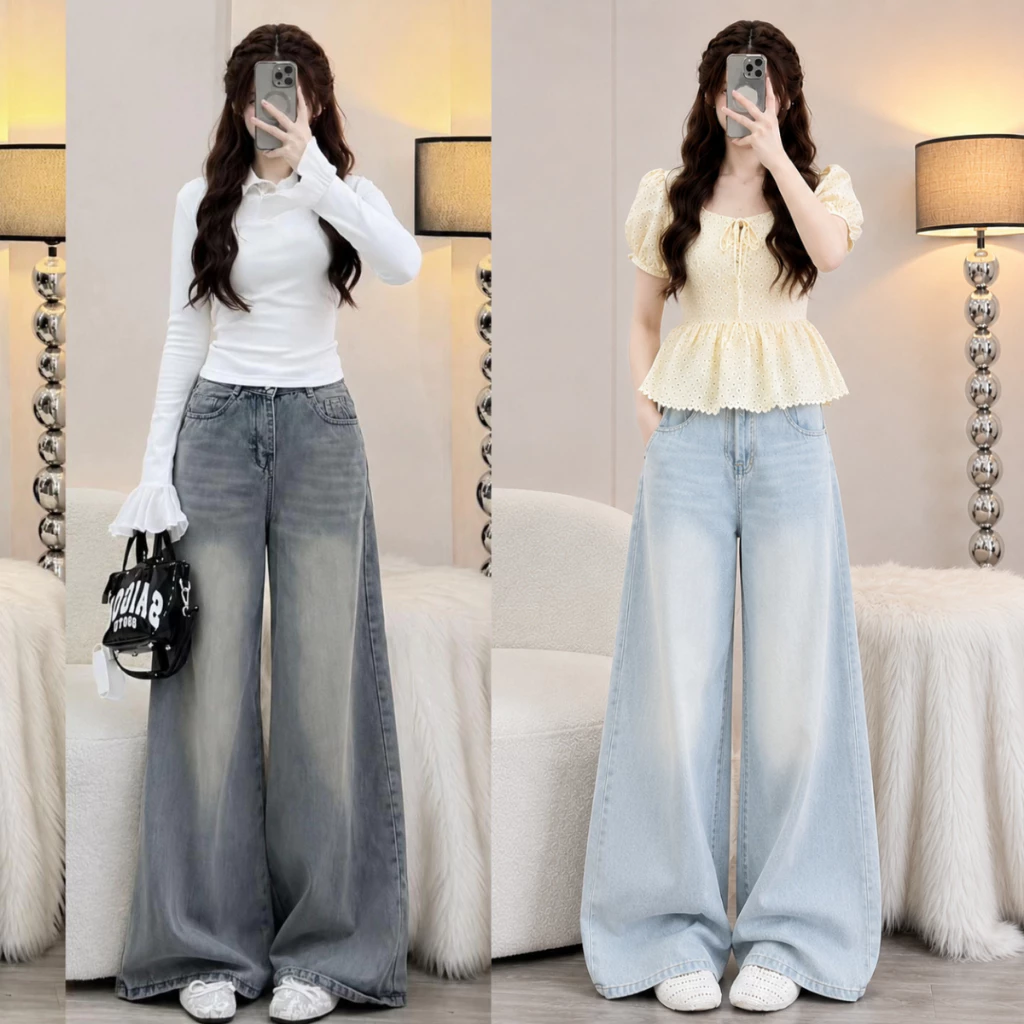 Quần Jean Nữ MIAA dáng suông ống rộng 34cm Lưng Cao Màu Trắng Dáng Rộng Cạp Cao Đầy Đủ Size