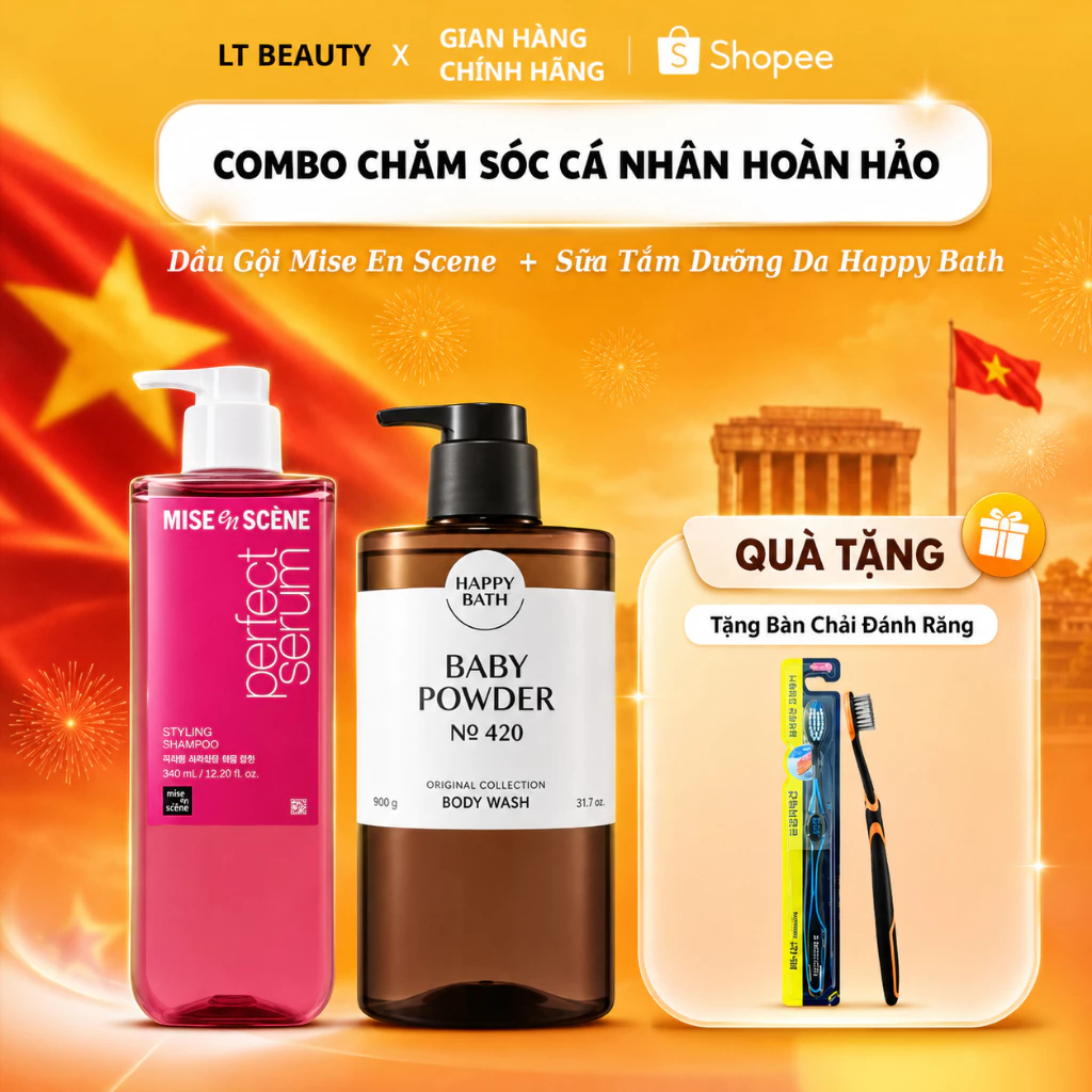Combo Chăm Sóc Toàn Diện 2 Món - Dầu Gội Mise En Scène Perfect Serum 680ml + Sữa Tắm Happy Bath Baby Powder 910gr