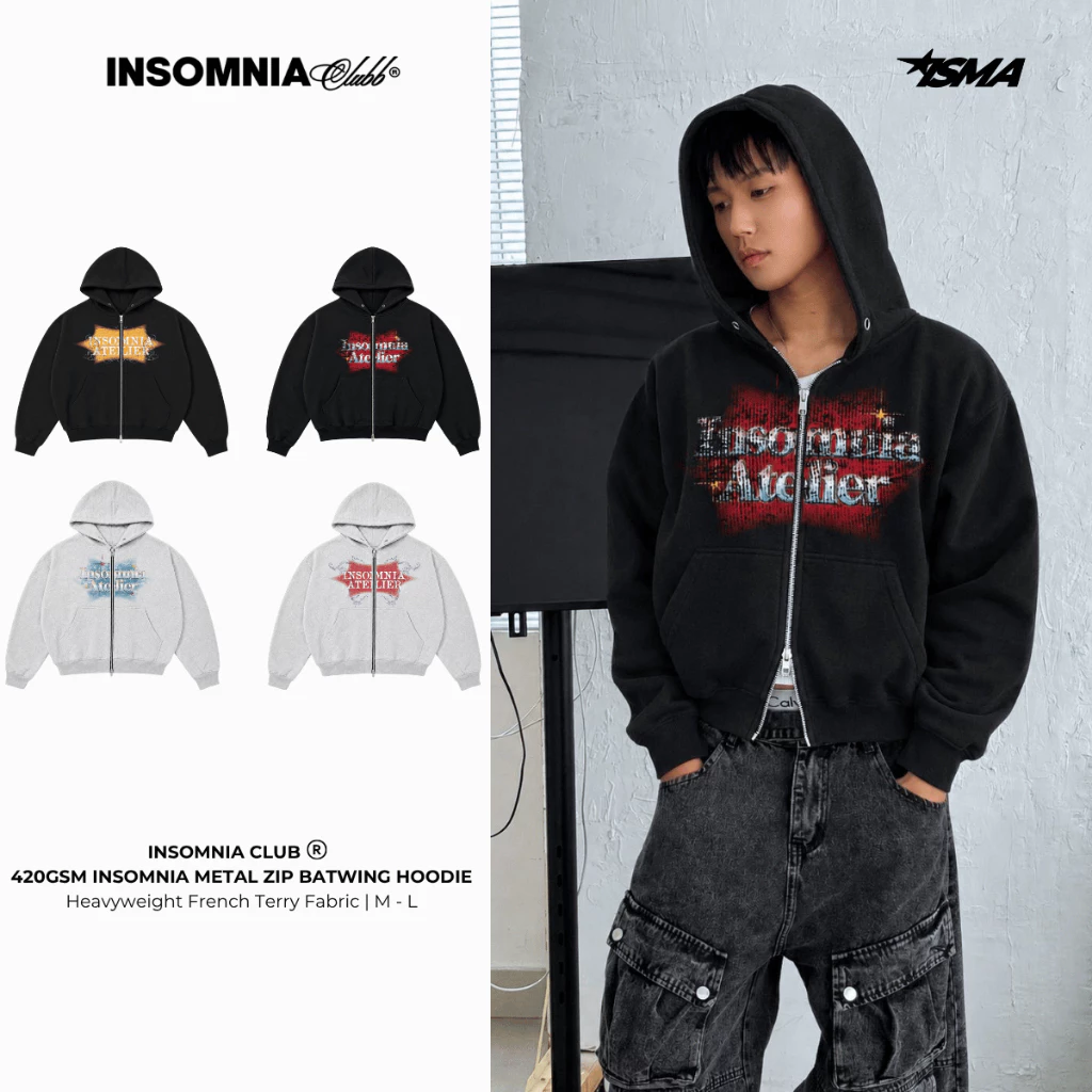 [NEW ARRIVAL]  Áo Khoác Hoodie Zip Nỉ Cua 420GSM In INSOMNIA  Khóa Kéo Kim Loại Form Boxy Cánh Dơi Unisex - HD018