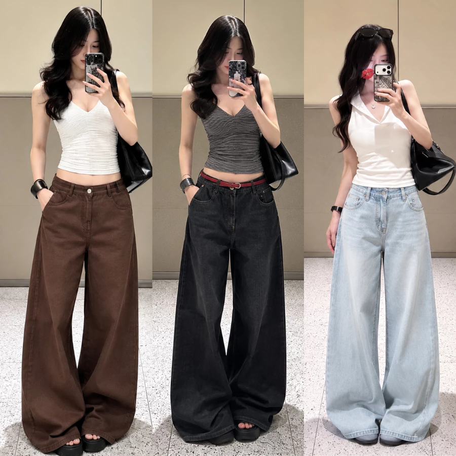 [MỞ BÁN] Quần Jean Ống Rộng Suông 33cm Màu Đen RINAA , Quần Bò Jean Nữ Chất Denim Cạp Cao Tôn Dáng
