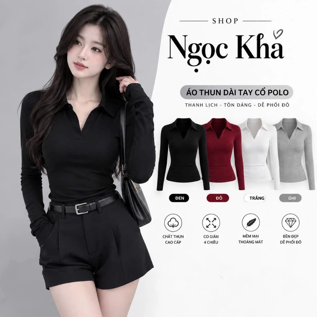 Áo Polo Nữ Tay Dài Dáng Ôm Cotton – Áo Cổ Bẻ Nữ Trẻ Trung, Tôn Dáng, Mặc Hằng Ngày