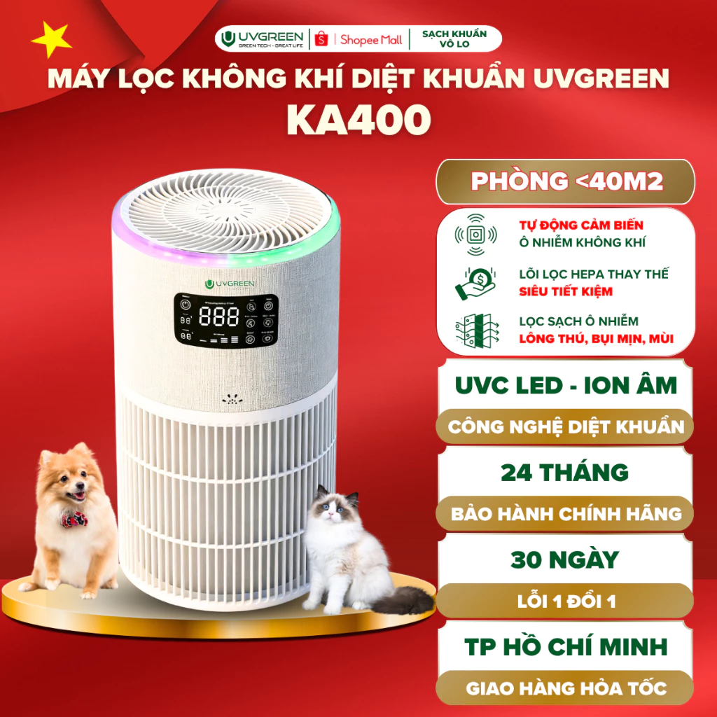 [UVG] Máy Lọc Không Khí Cho Thú Cưng UVGREEN KA400, UVC LED & Ion Âm Diệt Khuẩn Lọc Bụi Mịn