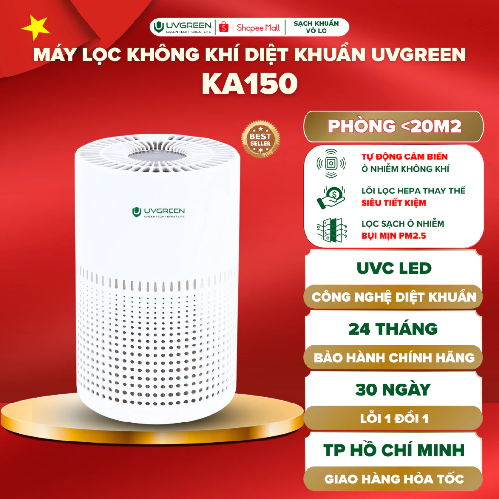Máy Lọc Không Khí Bụi Mịn UVGREEN KA150 20m2, Lọc HEPA H13 Lọc Bụi Mịn, UVC Led Diệt Khuẩn, BH 24T