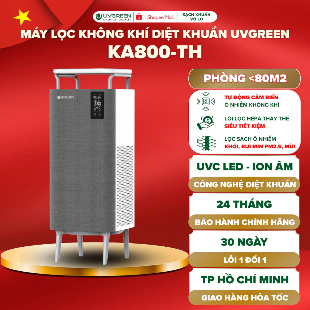 [UVG] Máy Lọc Không Khí Diệt Khuẩn UVGREEN KA800-TH 80m2, Công Nghệ Ion Âm, Lõi HEPA H13 Lọc Bụi Mịn