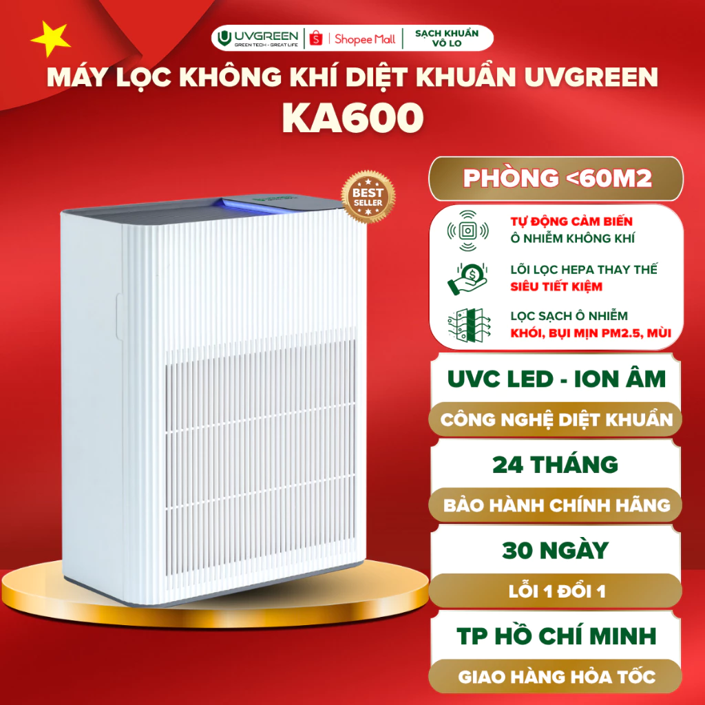 [UVG] Máy Lọc Không Khí Hút Mùi Diệt Khuẩn UVGREEN KA600 60m2 Công Nghệ ION ÂM, UVC LED, Lọc Bụi Mịn