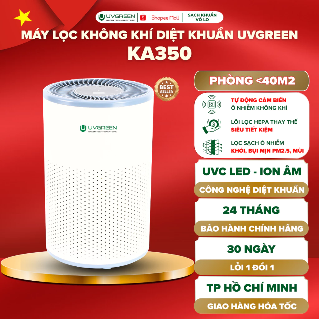 [UVG] Máy Lọc Không Khí Diệt Khuẩn UVGREEN KA350 40m2, Công Nghệ UVC Led & Ion Âm, Lọc Bụi Mịn PM2.5