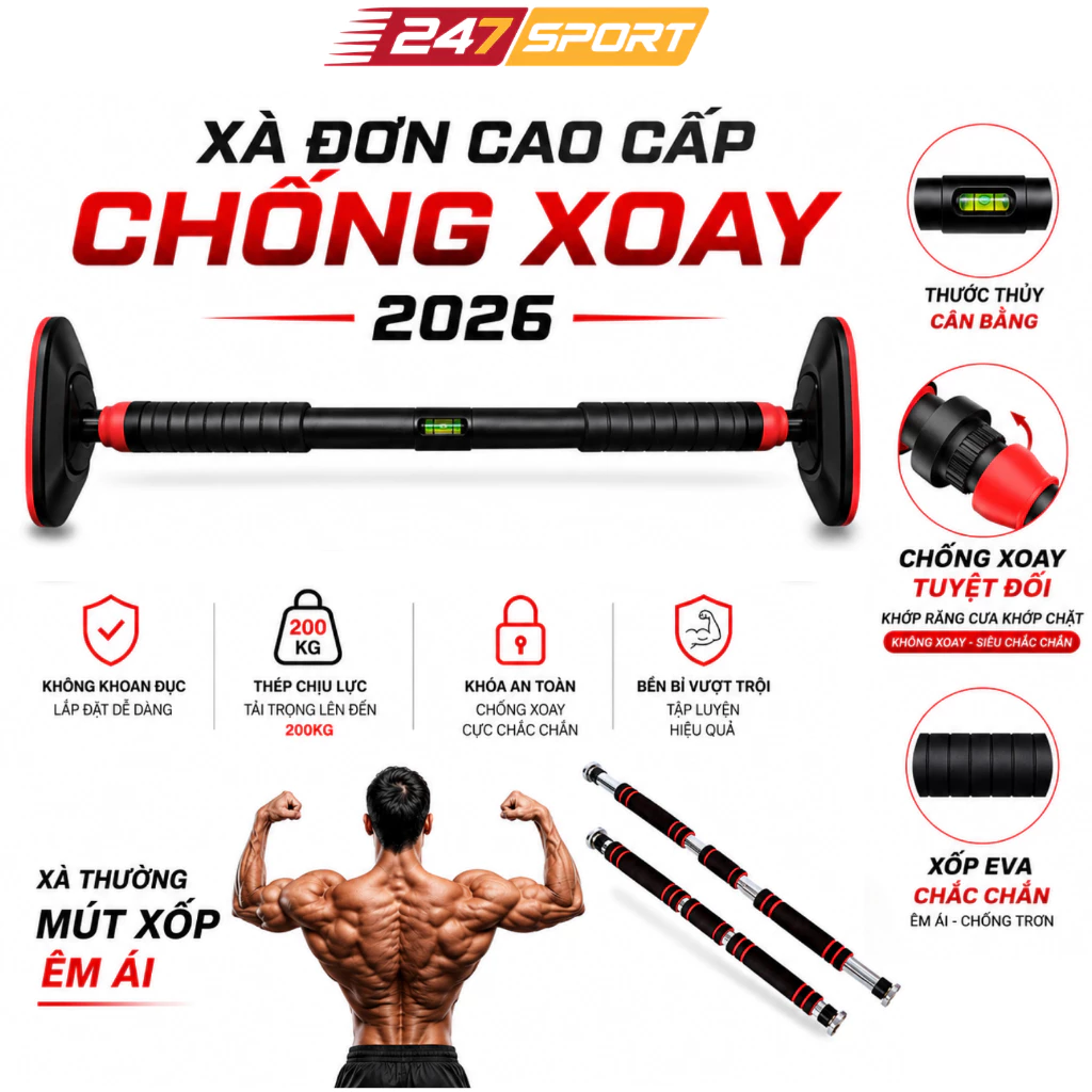 Xà đơn gắn cửa treo tường 247SPORT_HN, xà đơn gắn tường 2026 kích thước 60-150cm đa năng tập cơ bụng