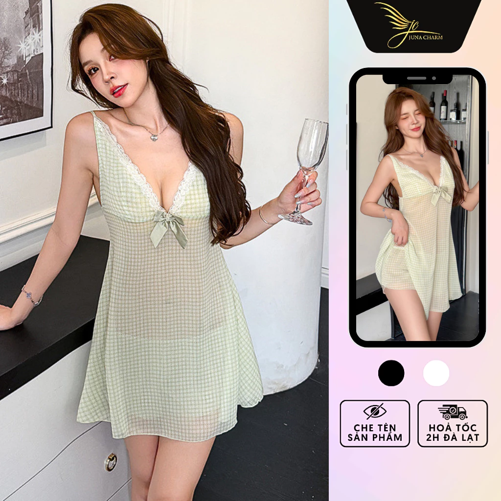Váy Ngủ 2 Dây, Đầm Ngủ Họa Tiết Sọc Caro JUNA Freesize Thời Trang Đồ Ngủ Dành Cho Nữ, Chất Voan Phối, Màu Xanh/SP2400