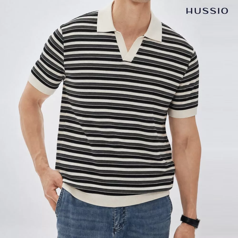[DEAL 24-30/9] Áo polo nam cao cấp dệt kim kẻ sọc ngang, bo vạt áo tôn dáng, cổ chữ V sang trọng- HUSSIO