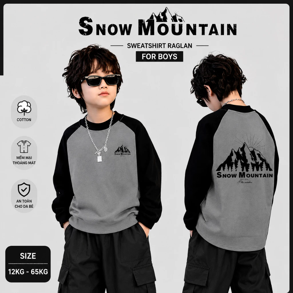 Áo Tay Dài Bé Trai Raglan Size Đại 13kg - 65kg, Sét Áo Thu Đông Bé Trai 8 Tuổi Phong Cách Hàn Quốc, Áo Cotton Nothing