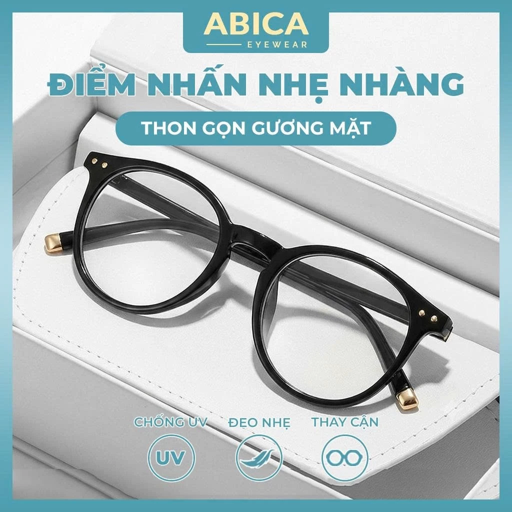 Mắt kính nữ nam,kính mắt tròn không độ chống ánh sáng xanh và tia UV gọng kính cận chất liệu cao cấp thay được cận 065