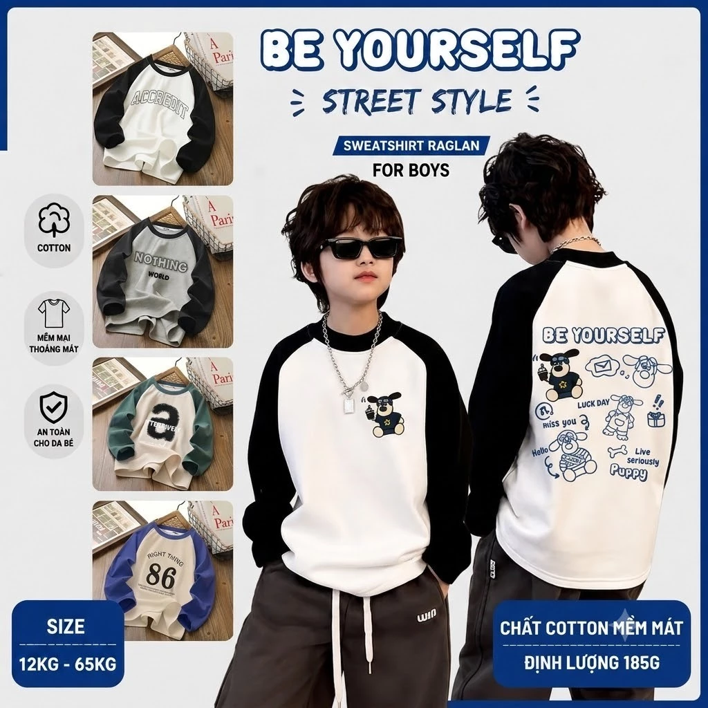 Áo Thu Đông Cho Bé Trai Bé Gái Size Đại 12kg-65kg, Áo Thun Raglan Phong Cách Hàn Quốc Chất Cotton Mềm Mát, Áo Nothing