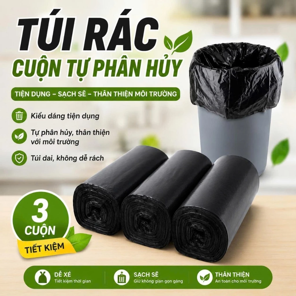 Set 3 cuộn túi rác đen tự phân hủy kích thước 55x65cm