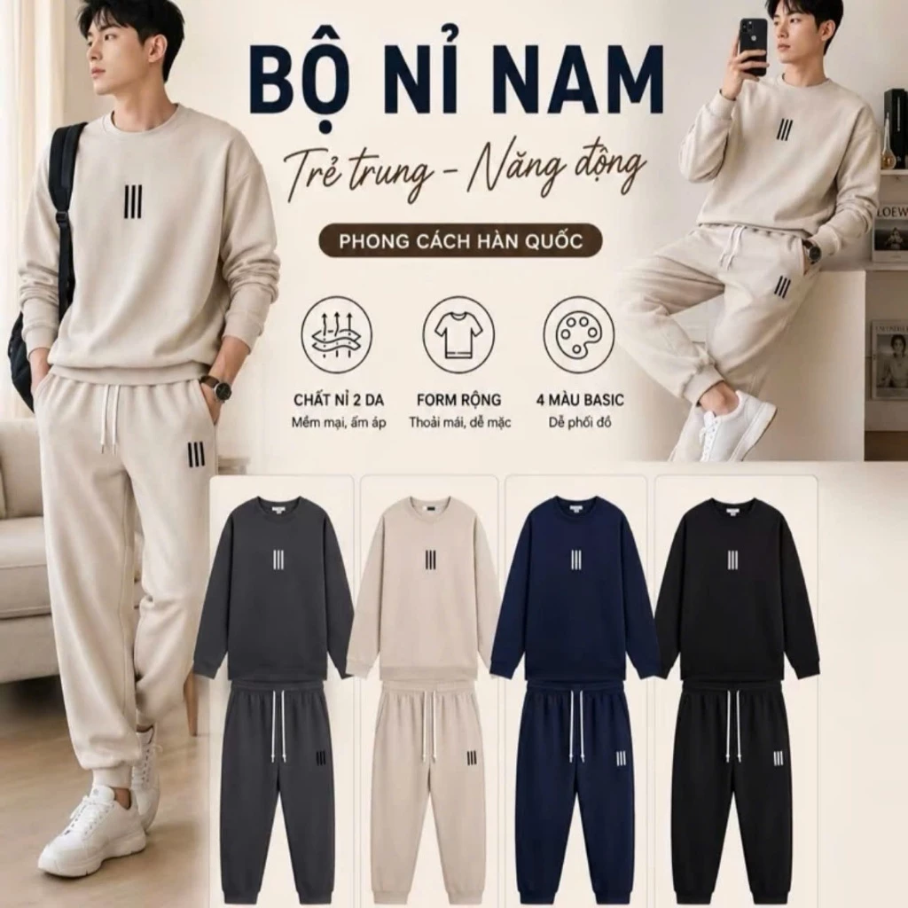 Bộ Quần Áo Nam Nữ Thu Đông Unisex Cổ Tròn Thêu Vạch Chất Nỉ 2 Da Dày Dặn Quần Có Dây Rút G09