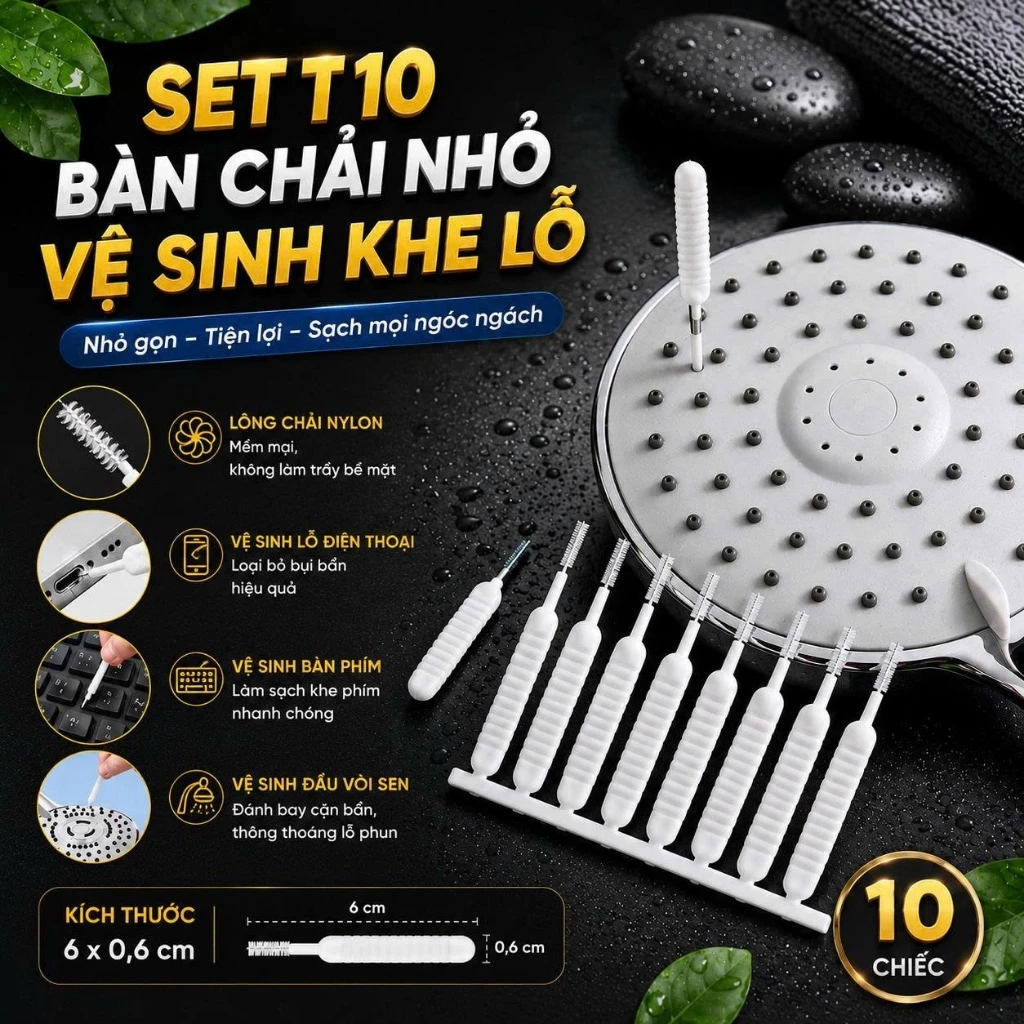 Set 10 bàn chải nhỏ vệ sinh lỗ điện thoại/ bàn phím/ đầu vòi hoa sen 9x0.8cm