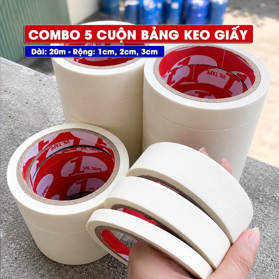 (Combo 5 Cuộn) băng keo giấy, Băng dính giấy 1cm, 2cm, 3cm dễ xé, bám dính tốt, có thể viết bút lên