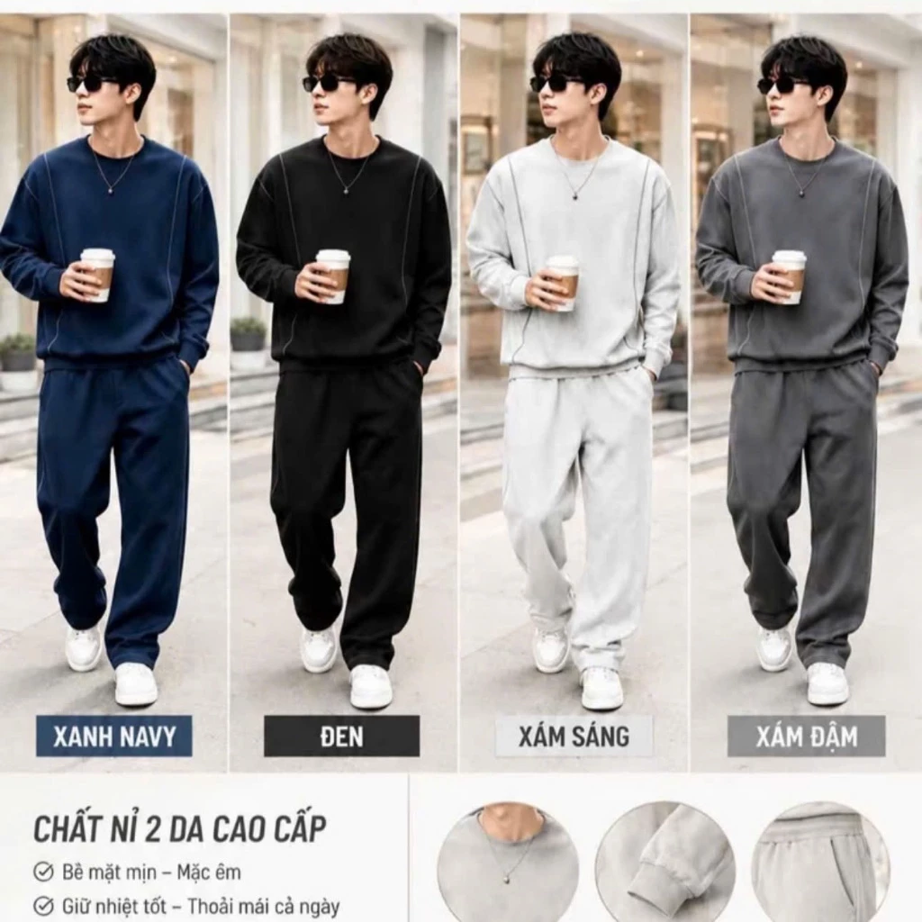 Bộ Quần Áo Thu Đông Nam Nữ Chất Liệu Nỉ 2 Da Quần Ống Suông Trẻ Trung Năng Động G10