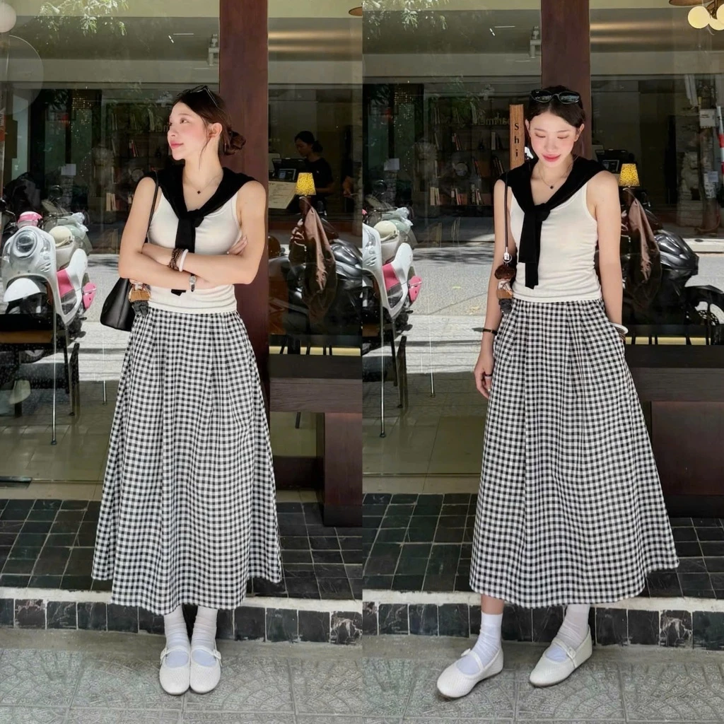(ẢNH OLDSCHOOL) Chân váy caro trắng đen lưng chun lửng xếp ly CV3168 Guu Skirt