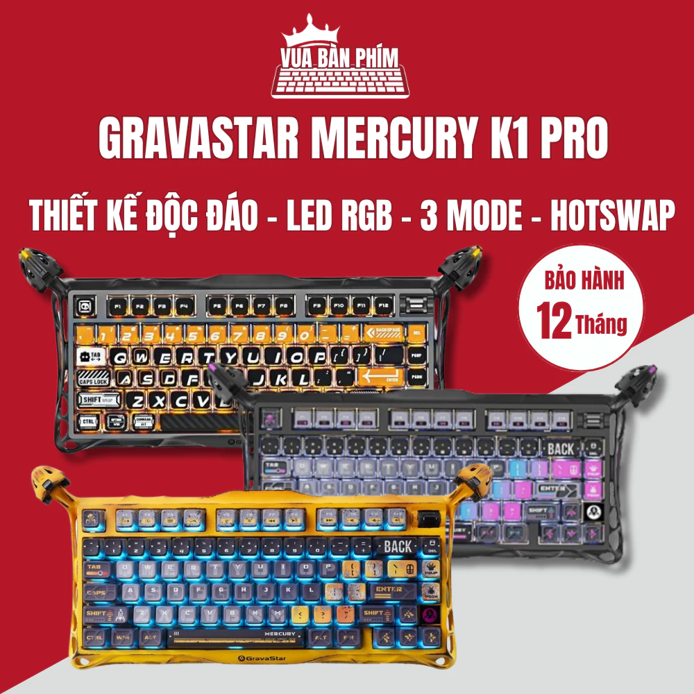 Bàn phím cơ Gravastar Mercury k1 pro không dây, khung nhôm led rgb , hotswap , led viền , thiết kế đẹp mắt , mạch xuôi