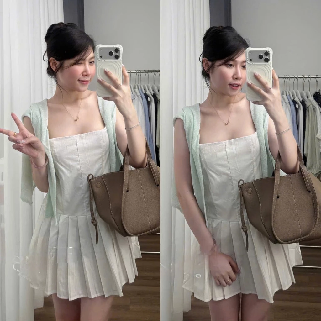 (Hàng Shop): Váy Thô Trắng Trơn Phối Ren Sườn 2 Dây Cổ Vuông Chân Ly Xoè Mix Khoác Len Giấy Xanh-Ảnh Thật Lollaye