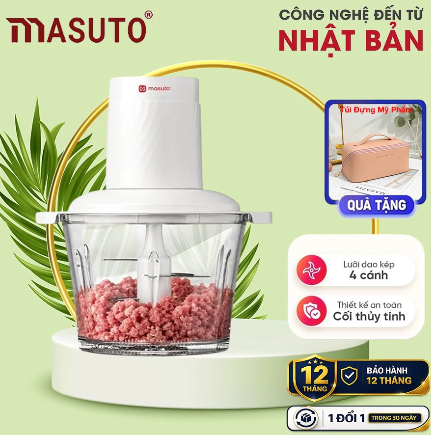 Siêu Máy Xay Thịt Đa Năng Masuto cối thủy tinh xay thịt, xay gia vị siêu nhanh, tặng Lưỡi dao đánh ruốc