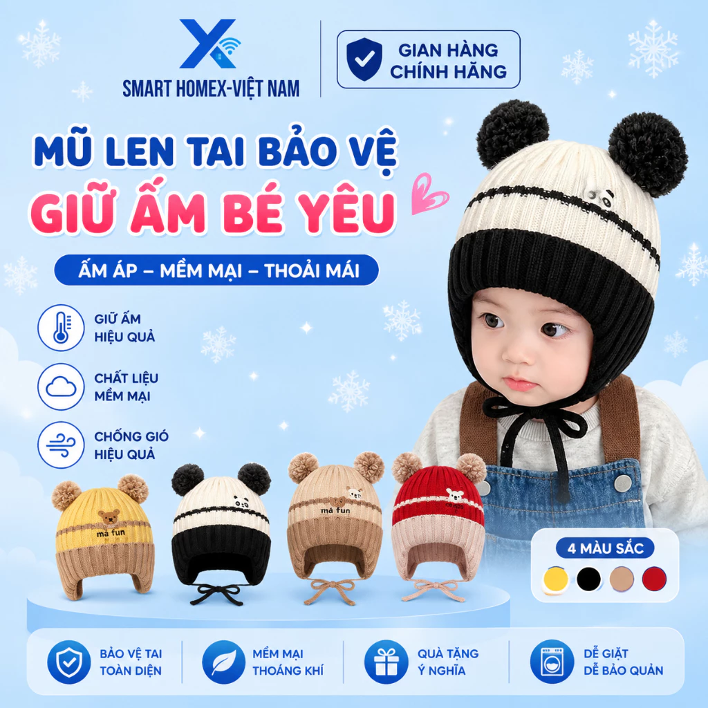 🧸 MŨ LEN TAI GẤU MI FUN CHO BÉ 2–12 THÁNG – SIÊU ẤM, SIÊU CUTE, CÓ DÂY BUỘC AN TOÀN
