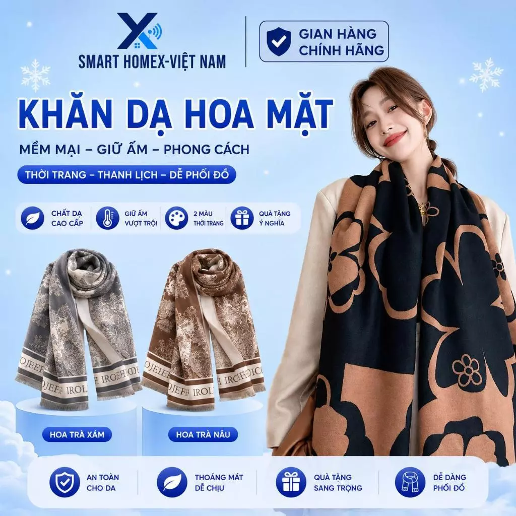 Khăn Choàng Len Dạ Họa Tiết Hoa, Khăn Choàng Giữ Ấm Thời Trang Mùa Thu Đông Size 65x180cm