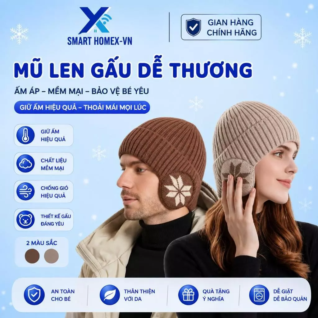 Nón Len 2 Lớp Cho Nam Nữ Có Che Tai Lót Nhung Họa Tiết Bông Tuyết Phong Cách Hàn Quốc