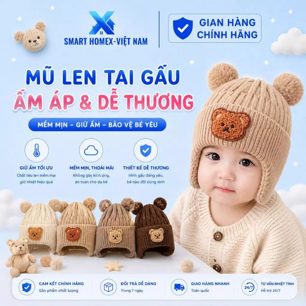 Mũ Len cho bé từ 3 đến 18 tháng gấu 2D xinh xắn tai bông dễ thương