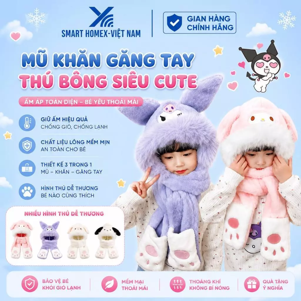 Mũ len lông cừu cho bé 5-12 tuổi, mũ chùm đầu giữ ấm 3 trong 1 kèm khăn quàng cổ và găng tay hoạ tiết kuromi