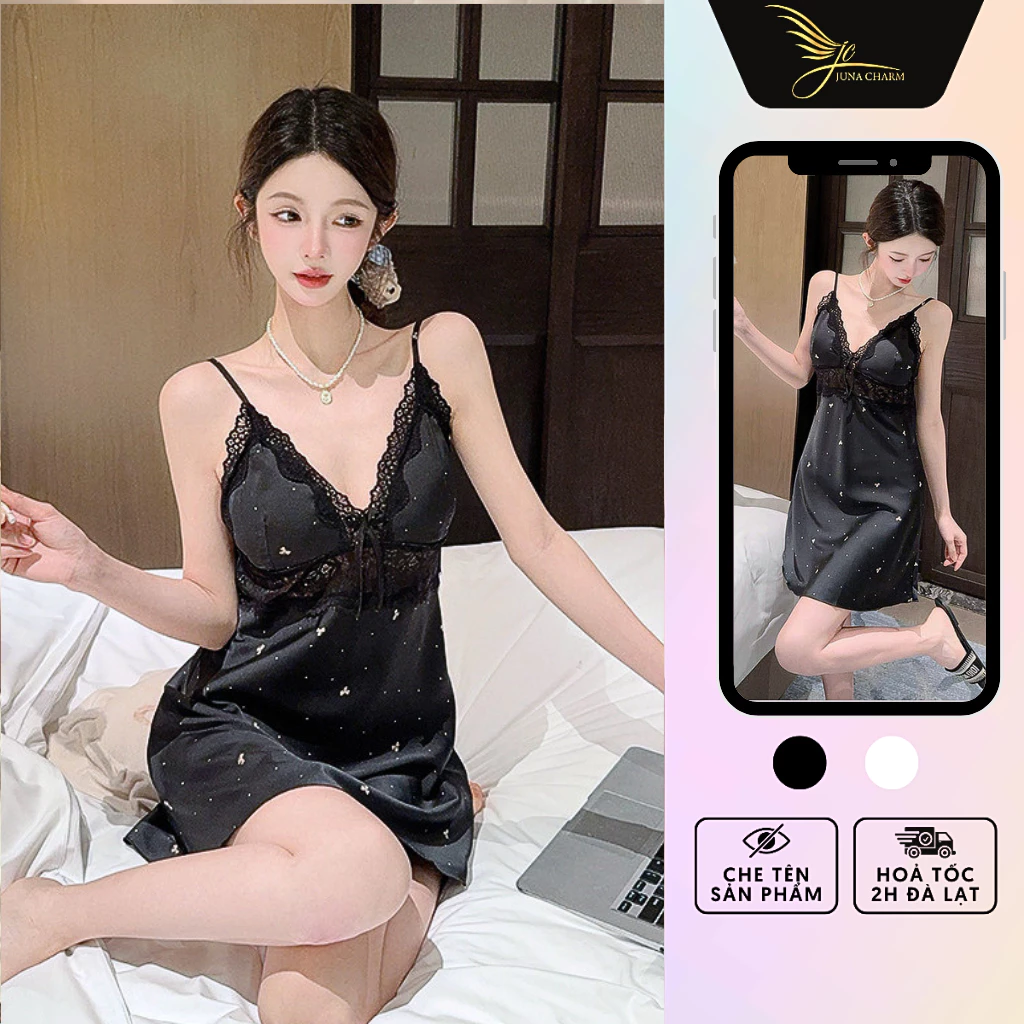 Váy Ngủ 2 Dây, Đầm Ngủ Xinh Xắn JUNA Freesize Thời Trang Đồ Ngủ Dành Cho Nữ, Chất Lụa Phối Ren Cao Cấp, Màu Đen/SP55633