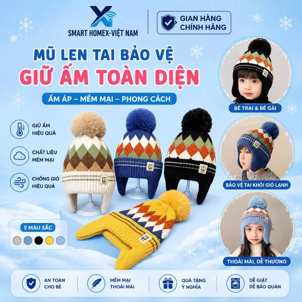 Mũ Len Trẻ Em Nam Nữ Trùm Đầu Kèm Khăn Quàng Cổ Bịt Tai Giữ Ấm Mùa Đông Mềm Mại Tiện Lợi Cho Bé