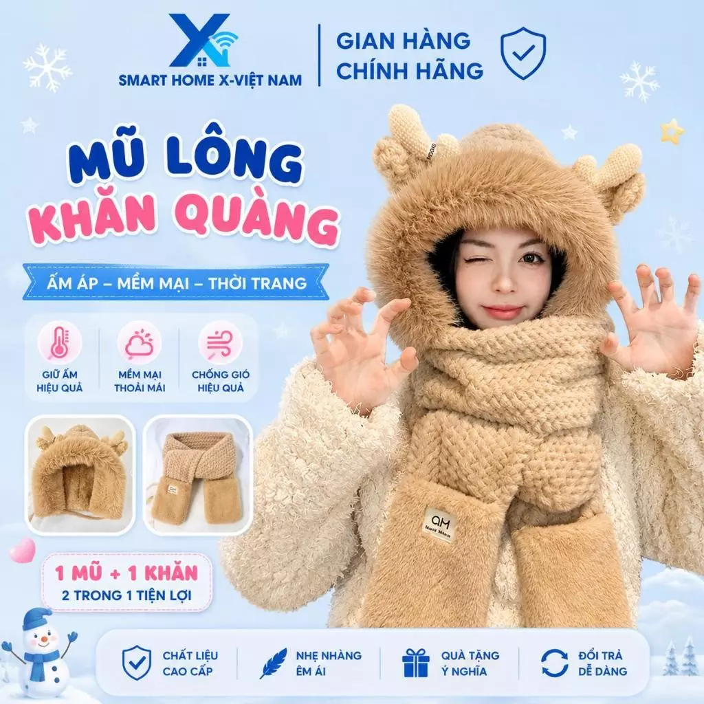 Mũ sưởi mùa đông len lông mịn cao cấp kèm khăn quàng cổ bao tay chất 3 trong 1 ba chiều con gấu dễ thương thêu tai gấu