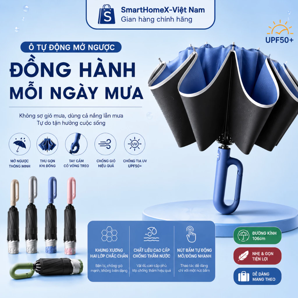 Ô Tự Động Mở Ngược 20 Nan, Ô Tay Cầm Móc Khóa Công Thái Học Và Dải Phản Quang An Toàn