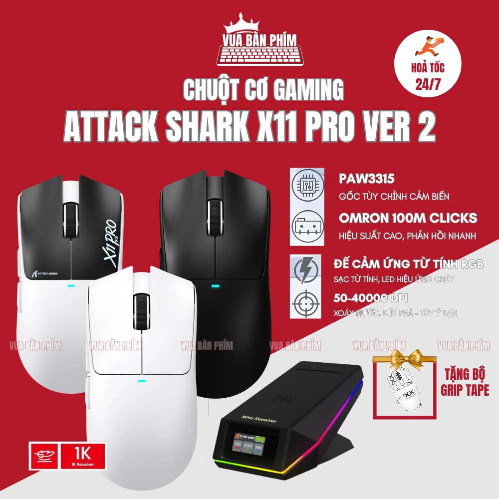 Chuột gaming Attack Shark X11 pro ver 2 không dây bluetooth, dock sạc tft…