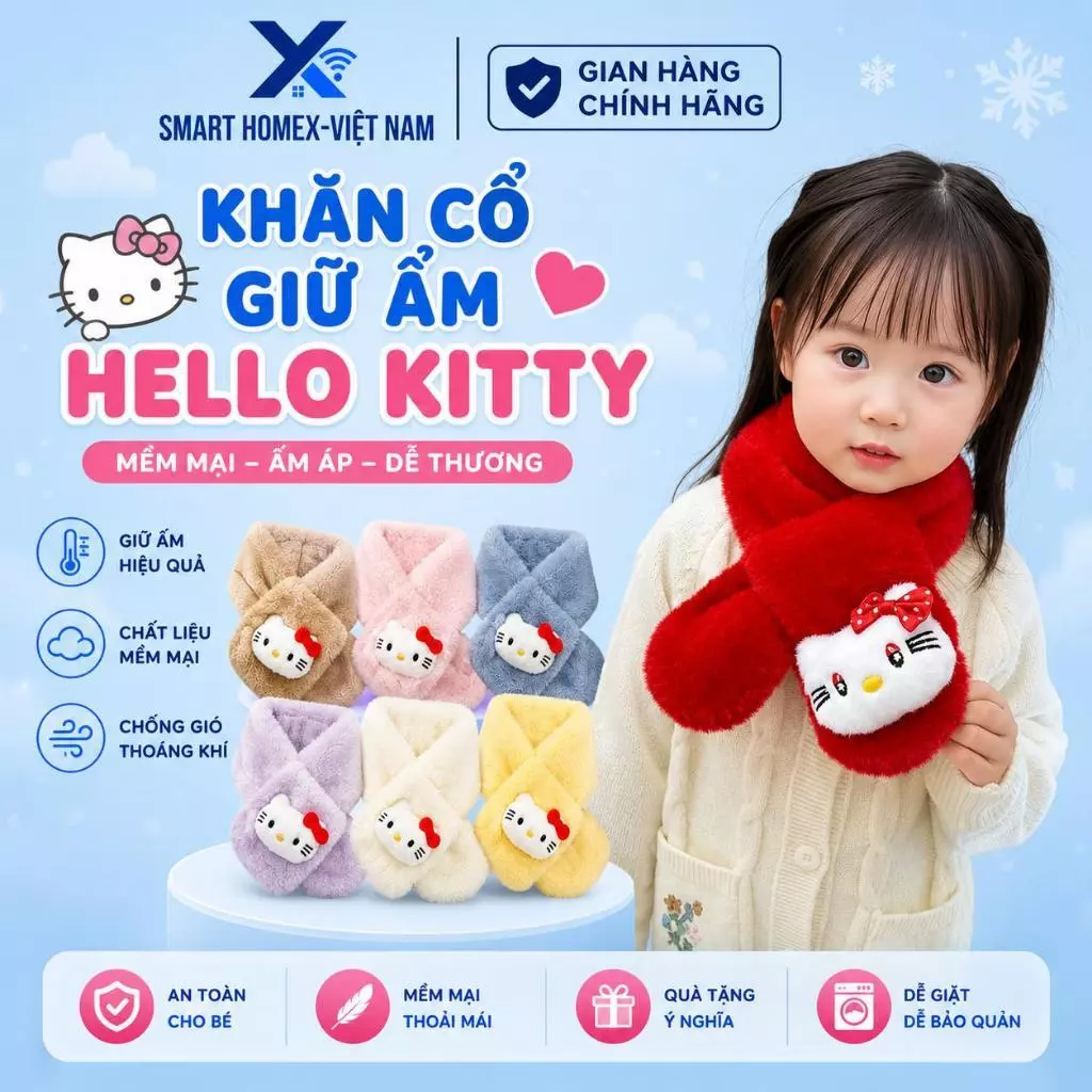 Khăn quàng cổ lông mềm cho bé kèm thú bông thỏ Labubu, Kity dễ thương giữ ấm mùa đông