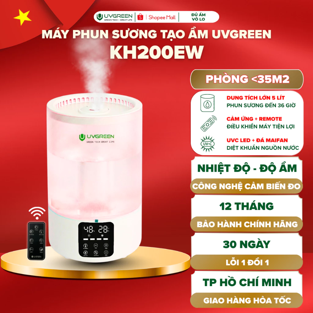 [UVG] Máy Phun Sương Tạo Ẩm UVGREEN KH200 5 Lít, UVC Led, Giảm Khô Da, Dễ Ngủ, Khuếch Tán Tinh Dầu