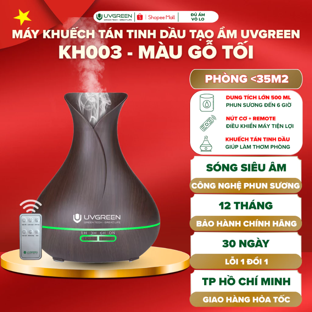 [UVG] Máy Khuếch Tán Tinh Dầu & Tạo Ẩm UVGREEN KH003 500ml, Phun Sương Siêu Mịn, Hết Nước Tự Ngắt