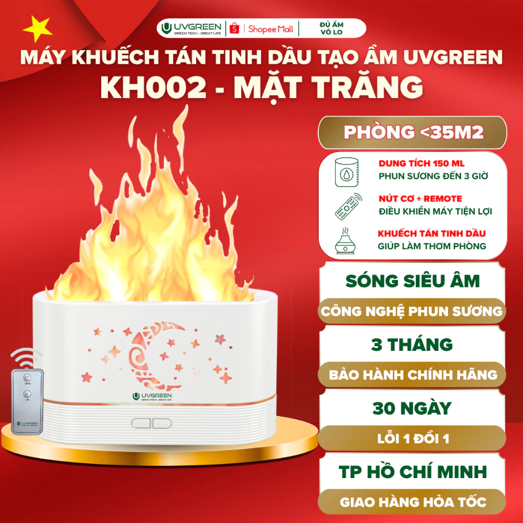 [UVG] Máy Khuếch Tán Tinh Dầu & Tạo Ẩm UVGREEN KH002 180ml Hiệu Ứng Ngọn Lửa, Sương Siêu Mịn, Remote
