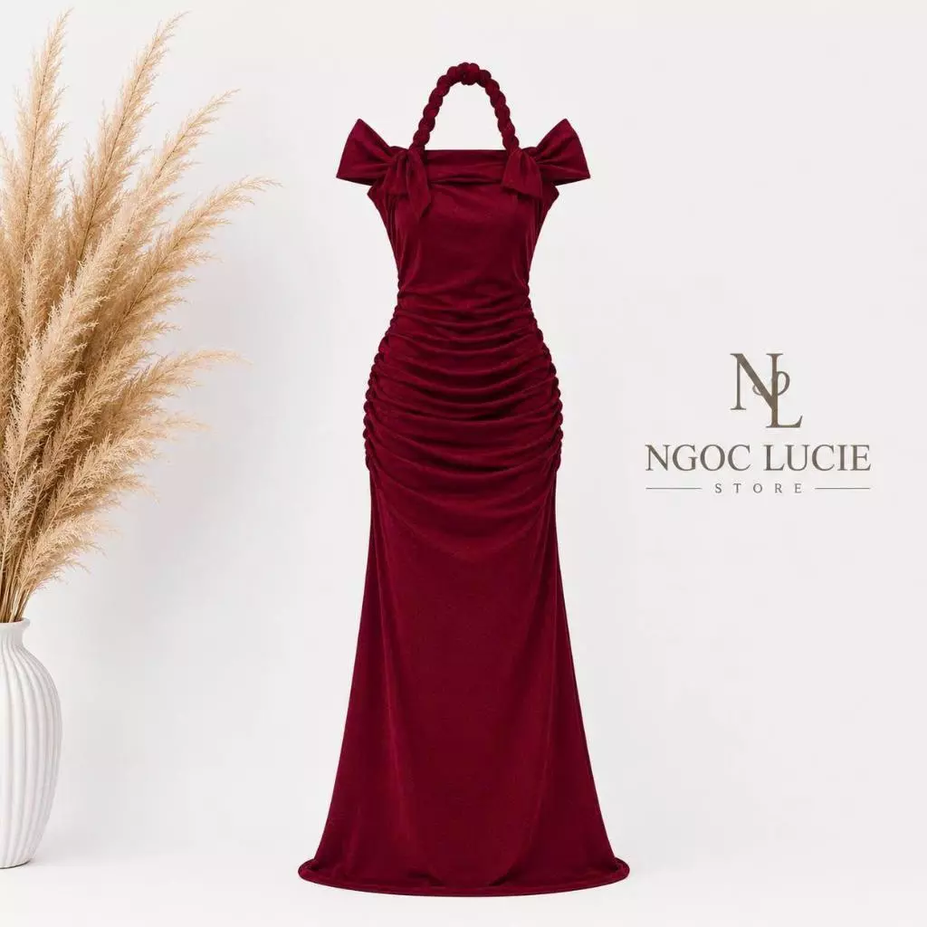 D1113 - Đầm Quai Xoắn Đeo Cổ Tay Bèo Nơ Nhún Dọc Thân Dáng Đuôi Cá Sang Trọng Ngọc Lucie