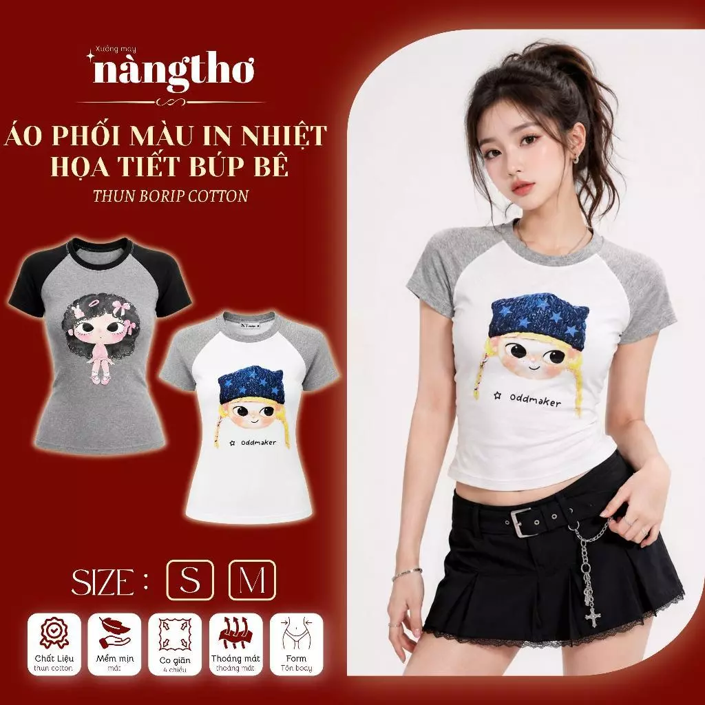 239 [DEAL MỞ BÁN] Áo Thun Raglan In Nhiệt Họa Tiết Búp Bê Dễ Thương Chất thun Borip Cotton