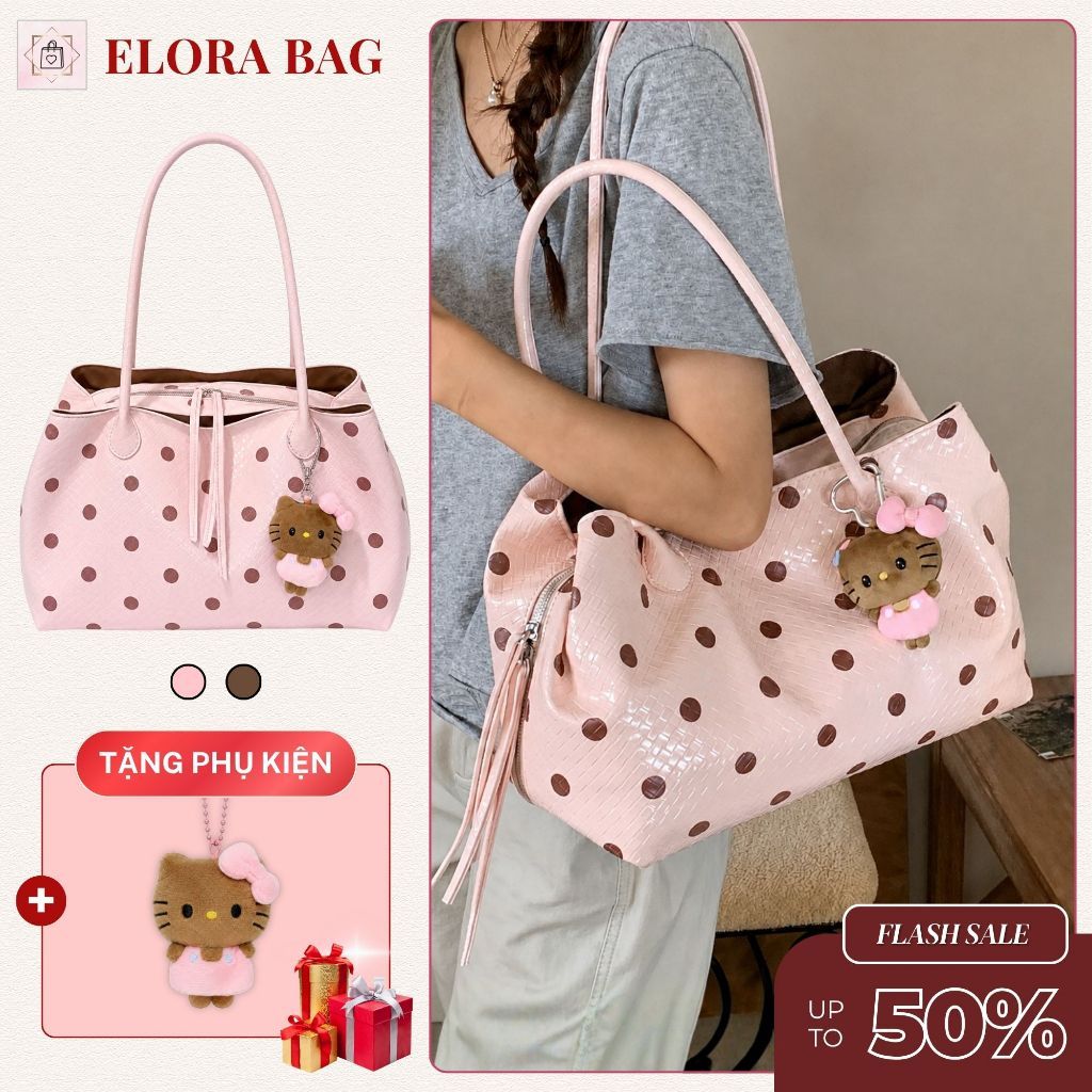 𝐂𝐓𝟎𝟑𝟏 - Túi tote nữ đeo vai chấm bi bản to nhiều ngăn tặng charm hello kitty…