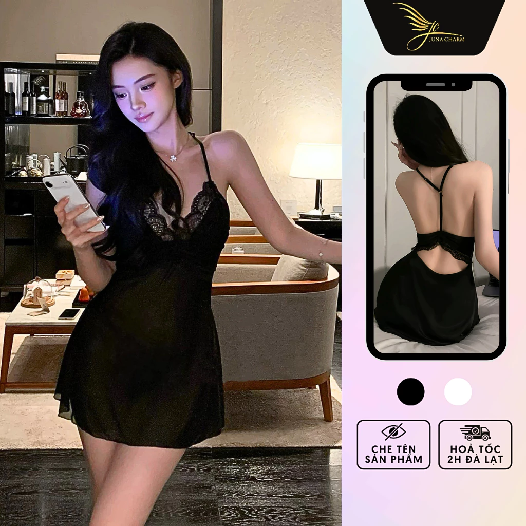 Váy Ngủ 2 Dây, Đầm Ngủ Xuyên Thấu Sexy JUNA Freesize Thời Trang Đồ Ngủ Dành Cho Nữ, Chất Ren Phối Voan, Màu Đen/SP347A