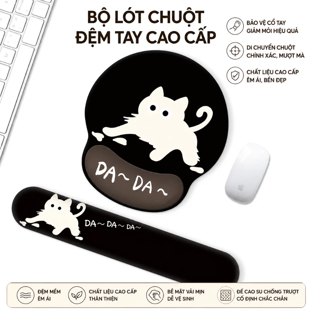 Bộ Lót Chuột Có Đệm Tay + Kê Tay Bàn Phím, Lót Chuột Bảo Vệ Cổ Tay, Bề Mặt Vải Mịn, Đế Cao Su Chống Trượt