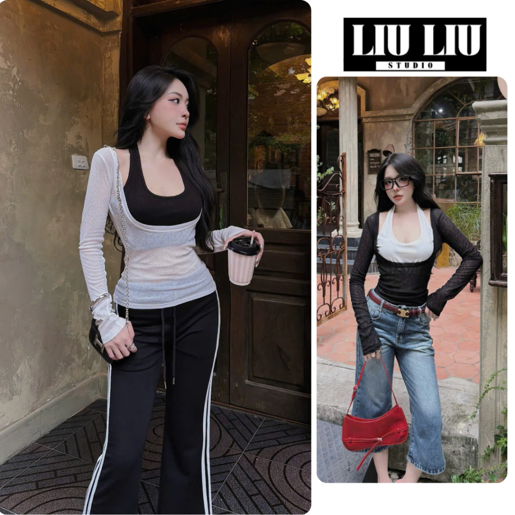Áo thun giấy liền cổ yếm nữ LIULIU STUDIO tay dài ôm dáng phối layer 2 lớp phong cách y2k trẻ trung cá tính L68