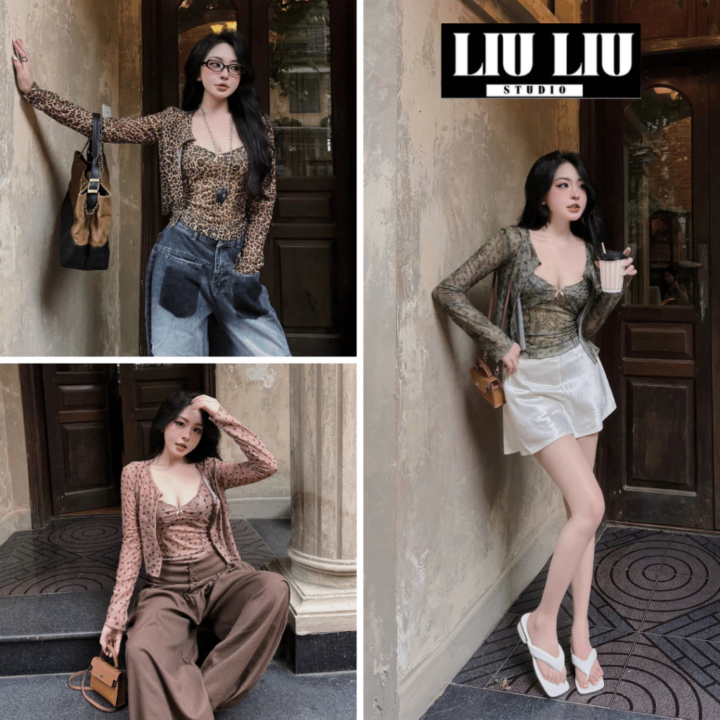 Set áo 2 dây phối cardigan LIULIU STUDIO lưới họa tiết nữ form ôm Y2K tay dài 3 màu phong cách vintage đi chơi L69