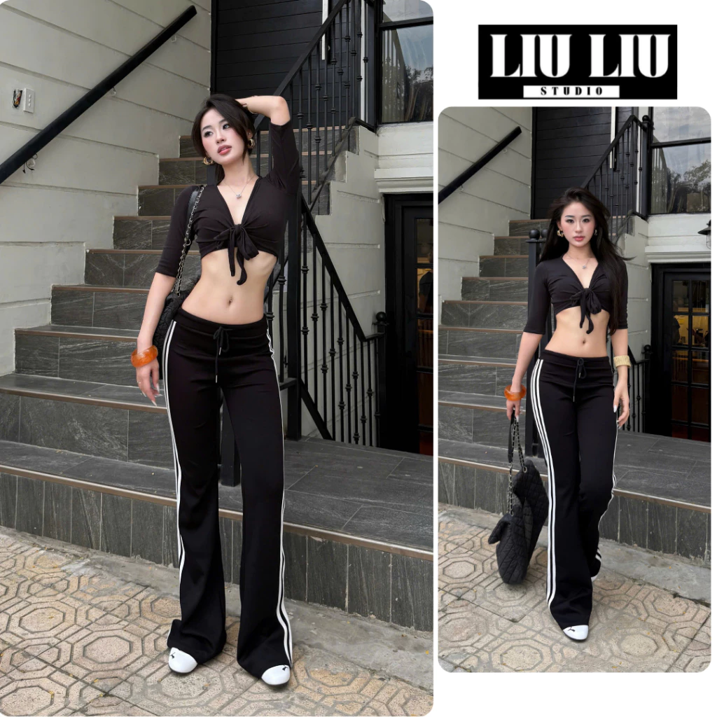 Quần loe nữ nỉ mì cao cấp LIULIU STUDIO phối sọc thể thao, quần ống loe cạp chun tôn dáng phong cách Y2K trẻ trung L70